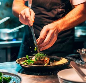 Chef preparing a gourmet meal in a professional kitchen Stock-Illustration